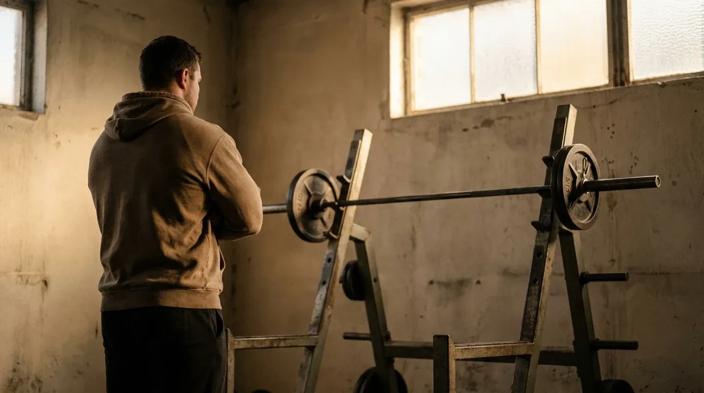Male lifter with crossed arms stands facing away from loaded barbell, embodying restraint in a gym.