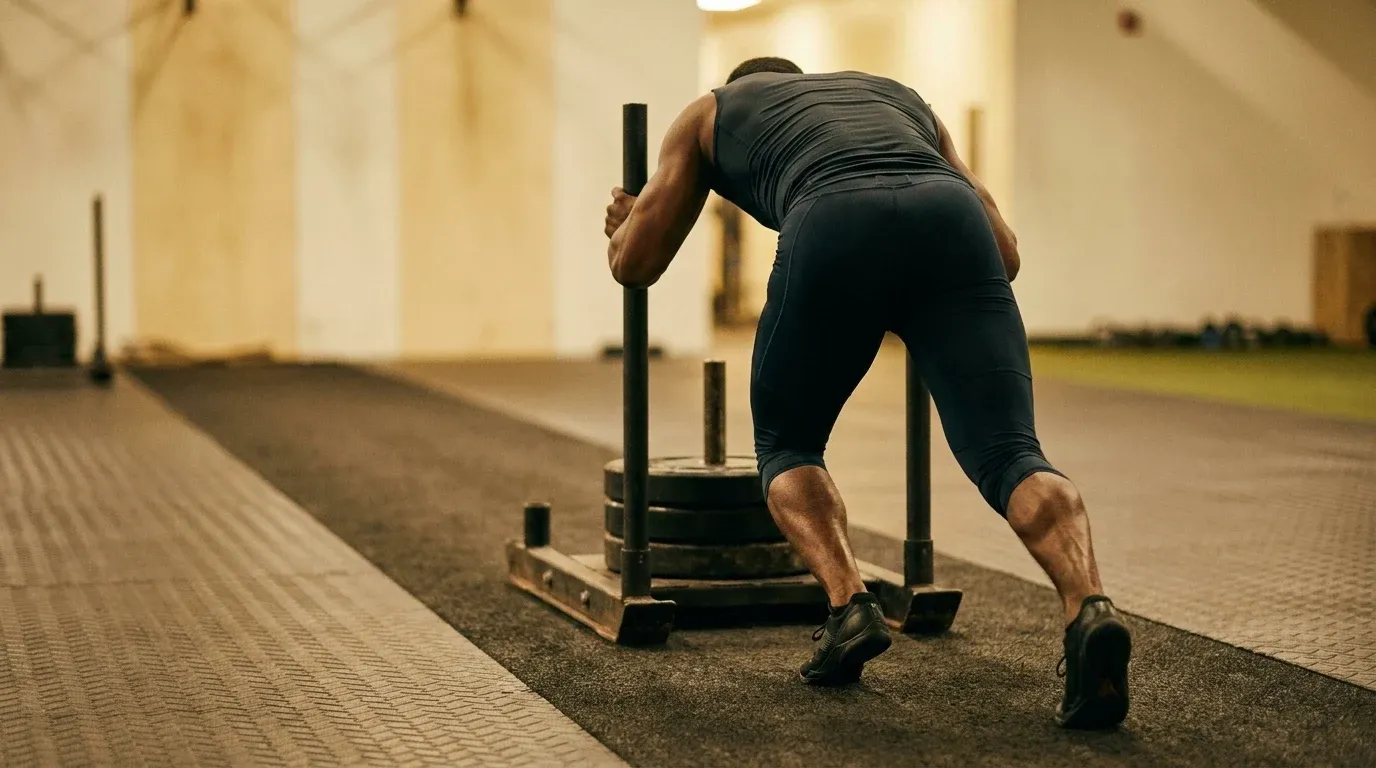 Athlete driving a competition sled with full force, shot from behind with arms extended and legs driving.