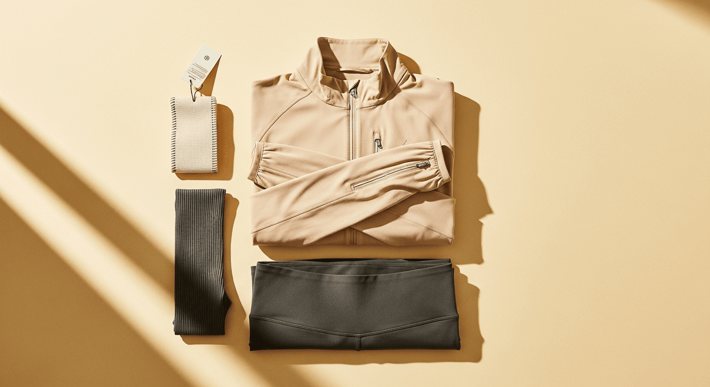 Premium athletic leggings and luxury running jacket arranged in flat-lay on a warm cream background.