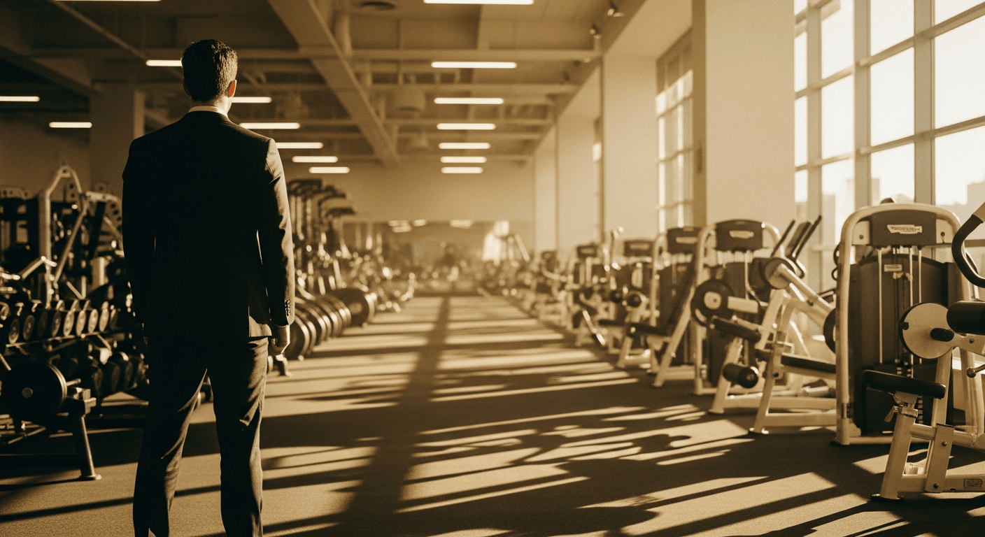 A suited professional stands commanding on a gym floor, surveying equipment in warm golden-hour light.