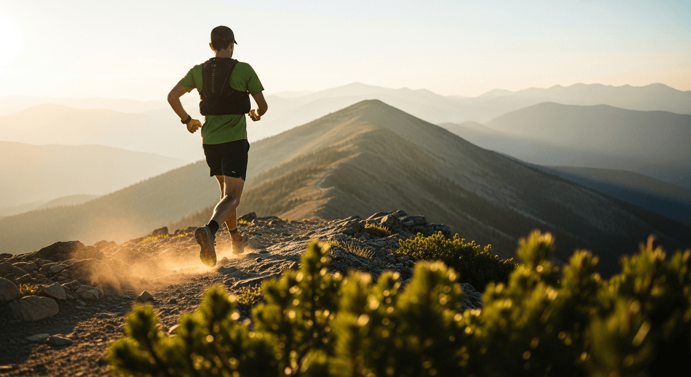 A trail runner mid-stride on a rocky mountain switchback, bathed in warm golden morning light.