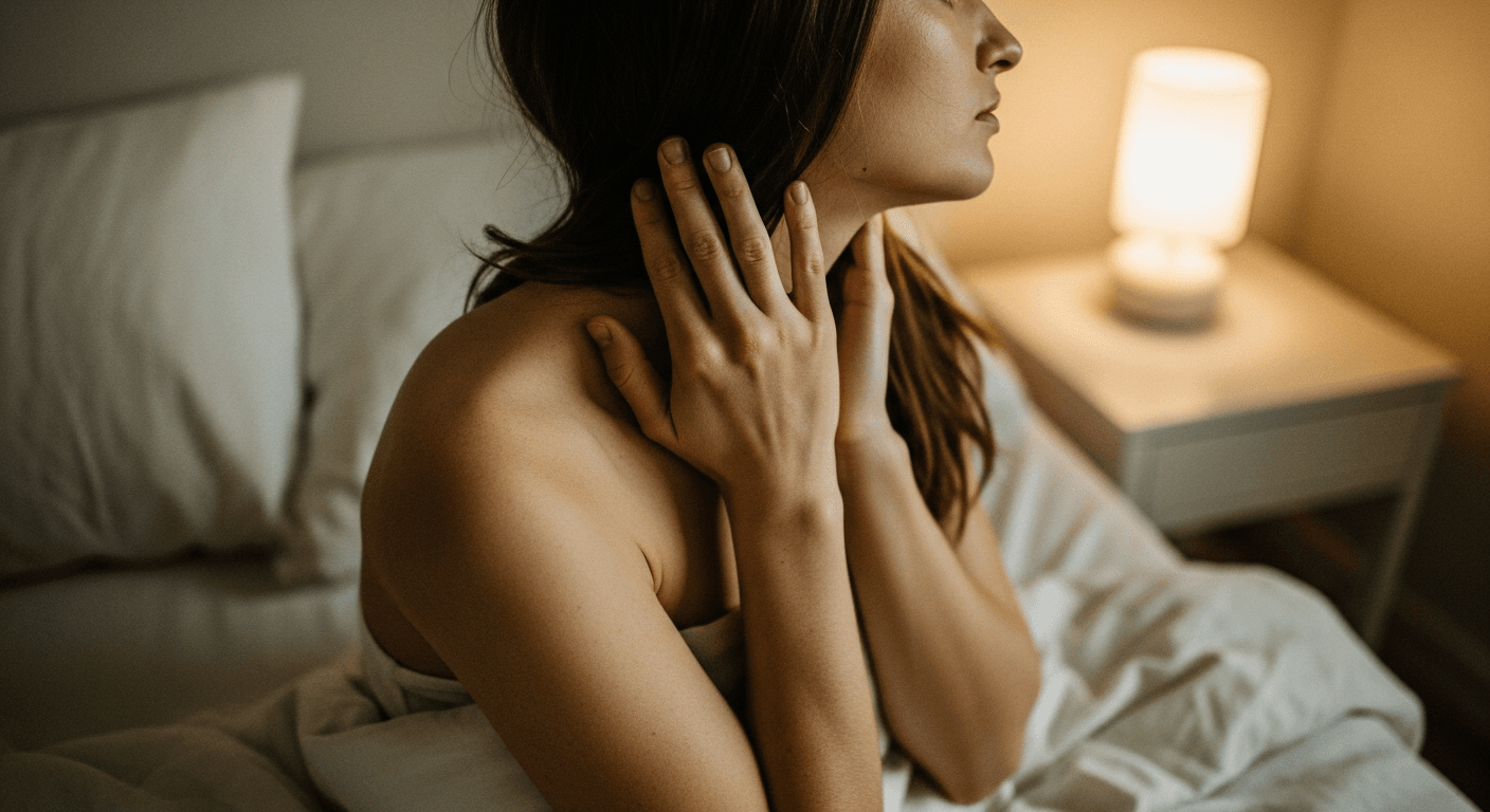 Woman performing a gentle self-neck massage in a warm, softly lit bedroom before sleep.