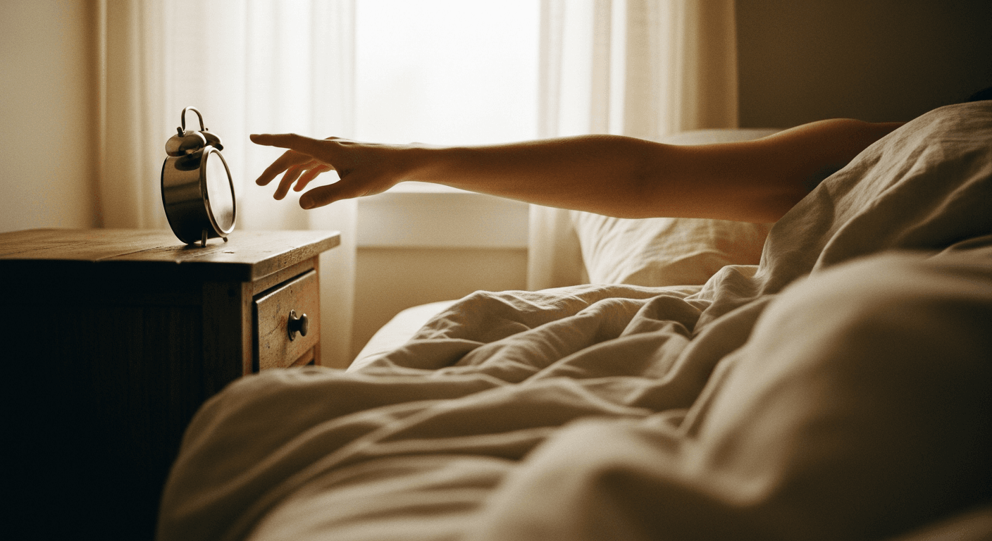 A hand reaches to silence an analog alarm clock on a bedside table with rumpled bedding in soft morning light.