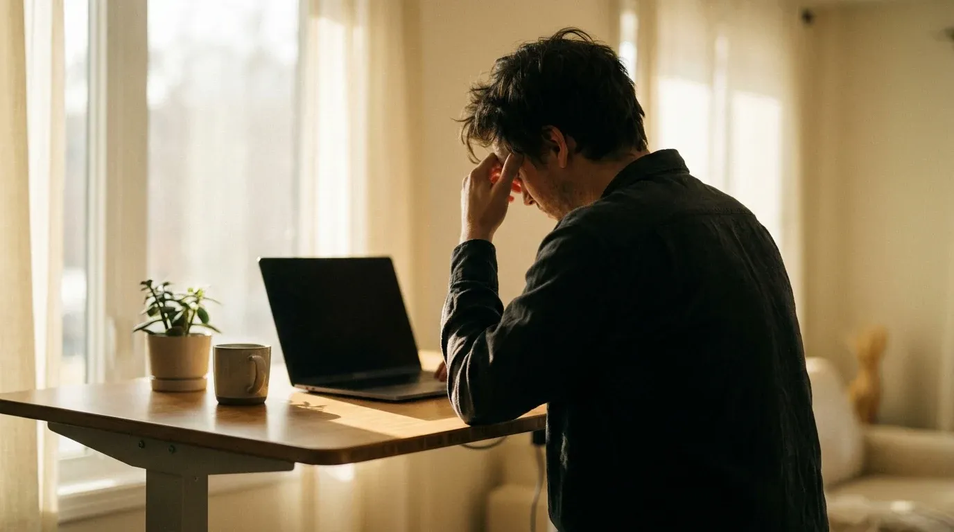 Exhausted person slumped at a standing desk with head bowed and hand to temple in warm natural light.