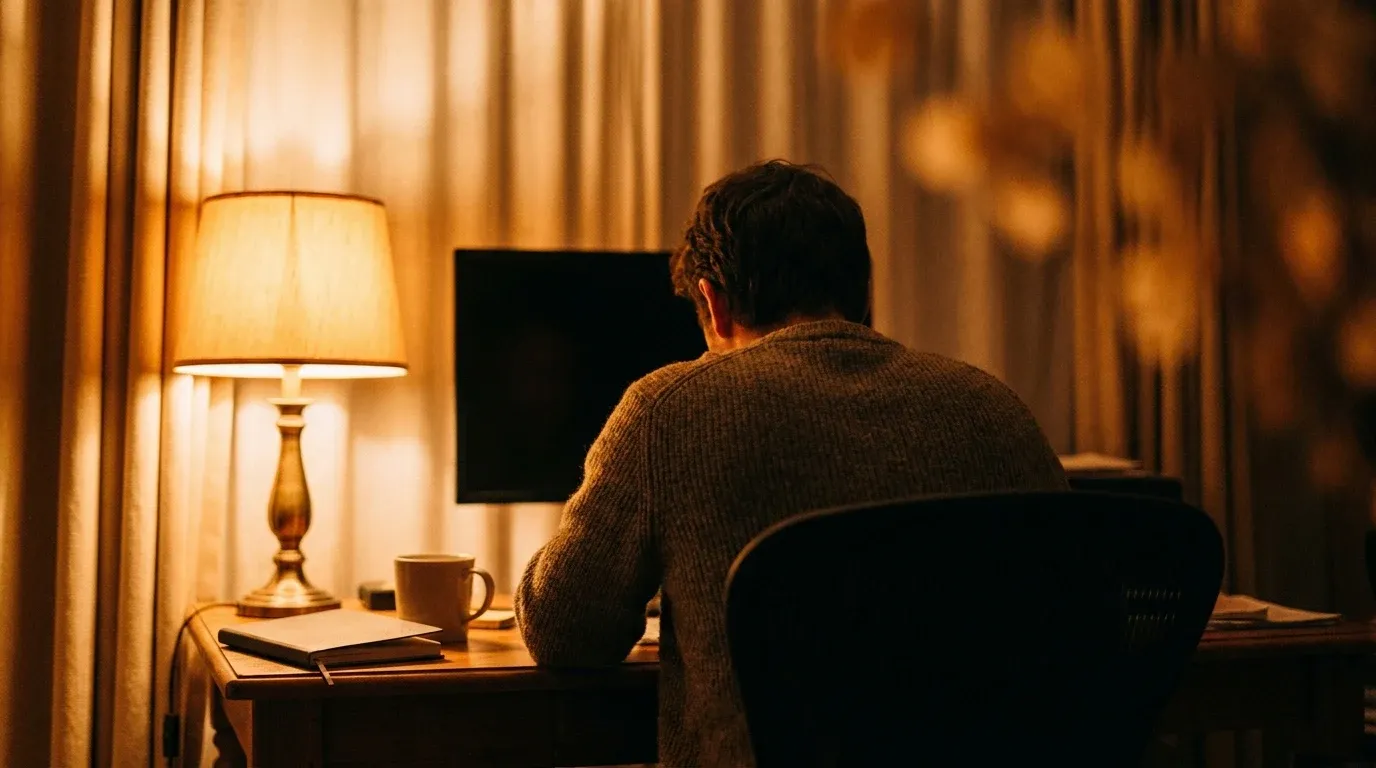 A lone remote worker at a home desk, shoulders hunched inward, bathed in warm amber lamplight suggesting isolation.