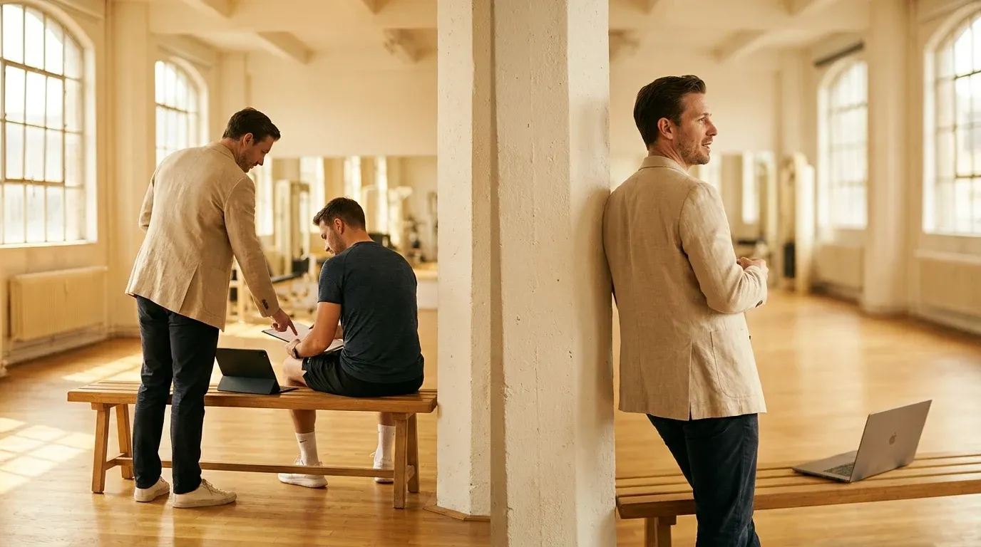 Coach conducting in-person and virtual training sessions split across a warm, naturally lit gym environment.