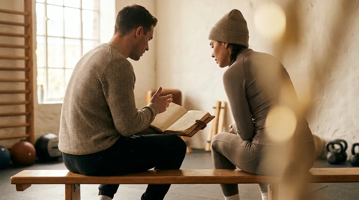 A personal trainer and client review a handwritten training journal together in warm natural light.