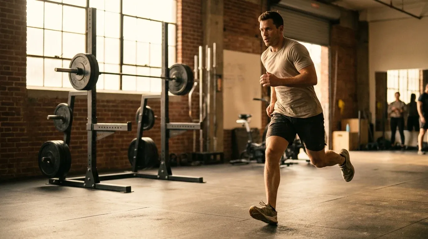 Male athlete running in gym foreground with loaded barbell and squat rack visible in background.