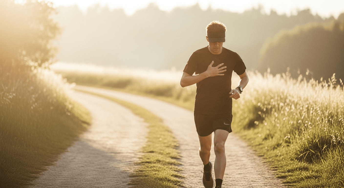 Solitary runner from behind on a trail, hand on heart, bathed in warm golden-hour light.