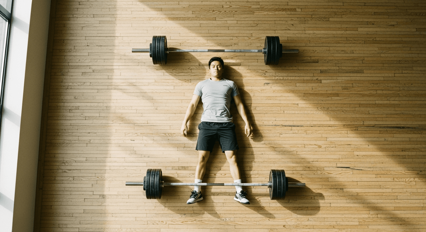 A strength athlete lying flat on a gym floor recovering post-workout, shot from overhead in warm natural light.