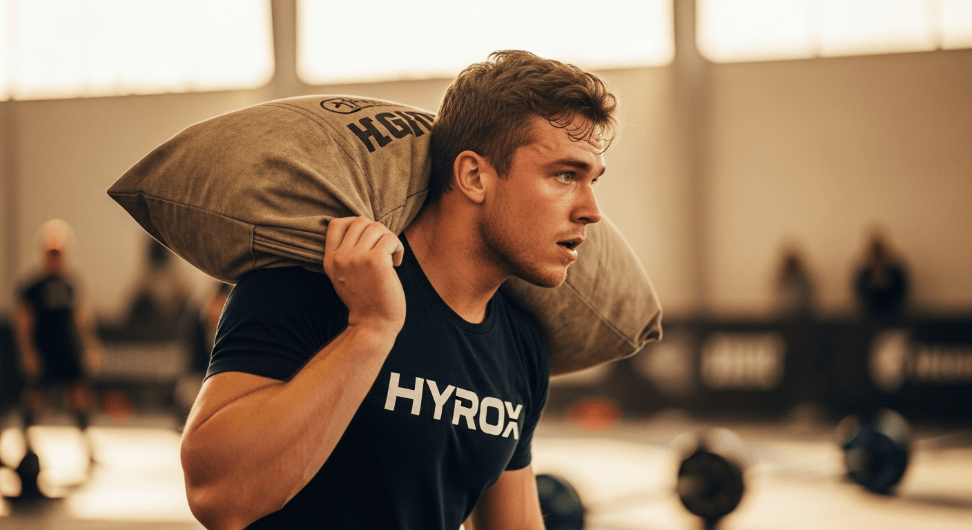 A determined HYROX athlete carries a heavy sandbag over their shoulder during competition.