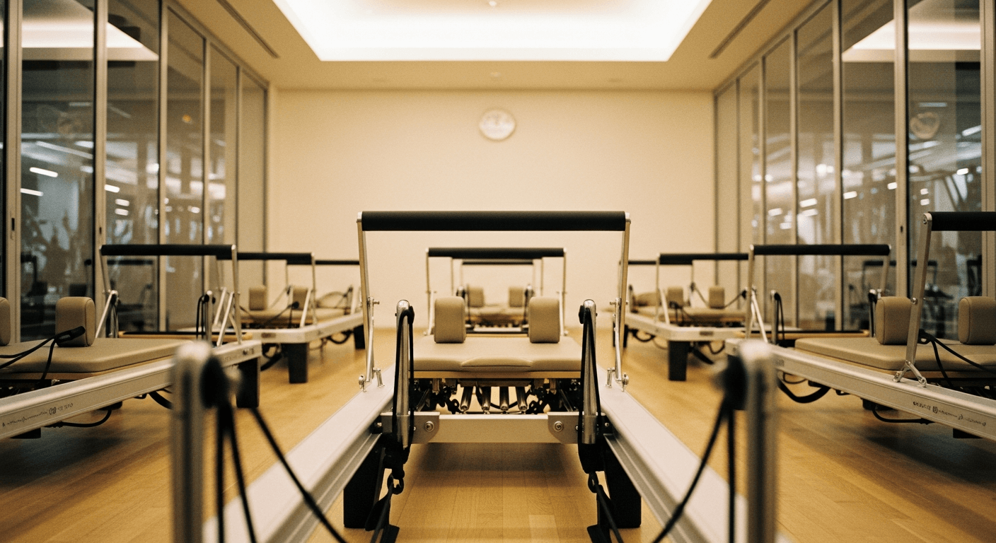 Five gleaming Pilates reformers lined up in a bright studio with glass walls inside a modern gym facility.