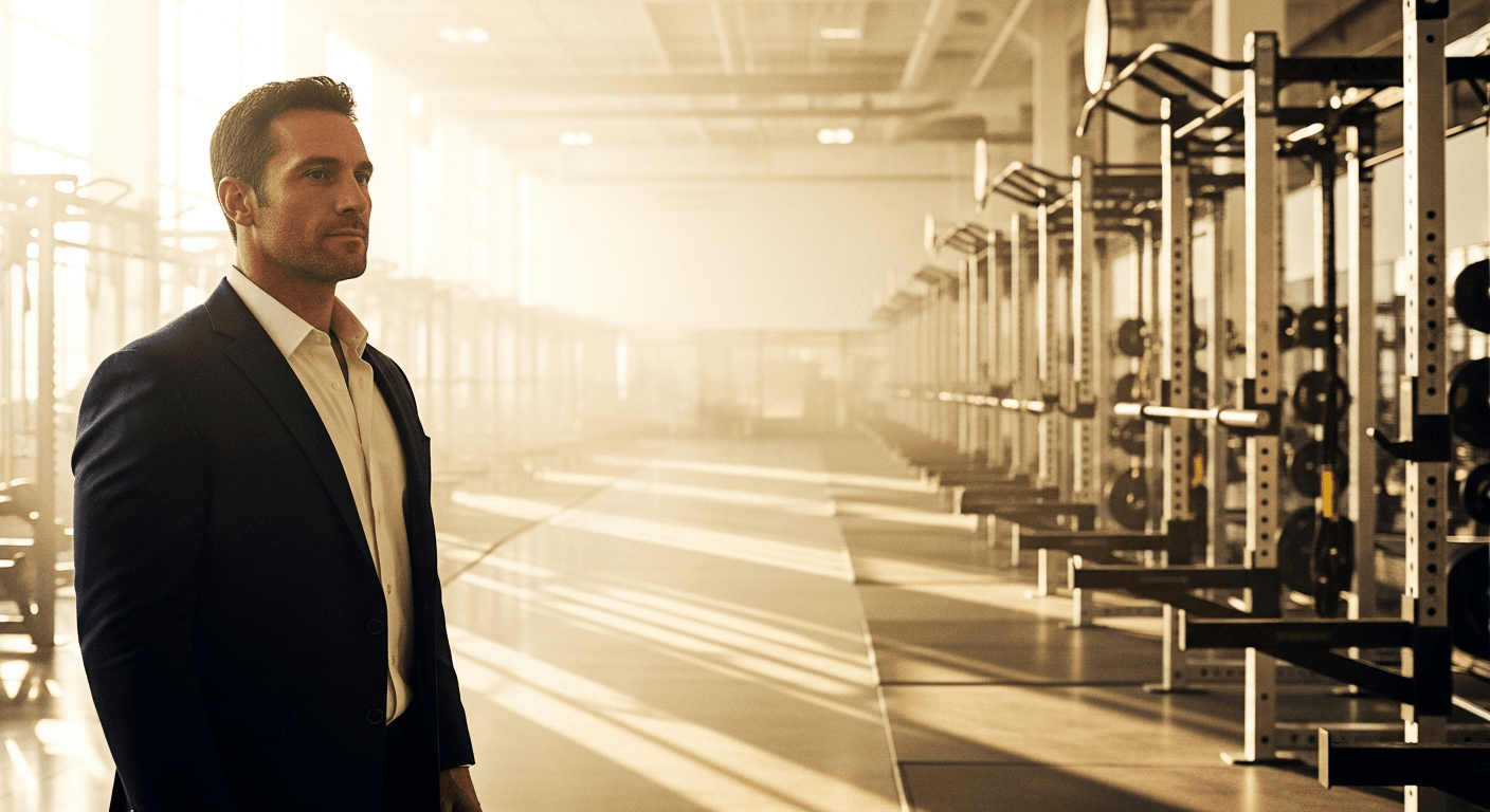 Male executive in dark blazer standing on gym floor with power racks stretching behind him in golden-hour light.