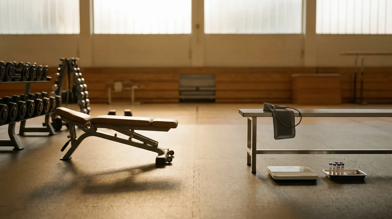 Gym floor split between fitness equipment on one side and medical devices like a blood pressure cuff and scale on the other.