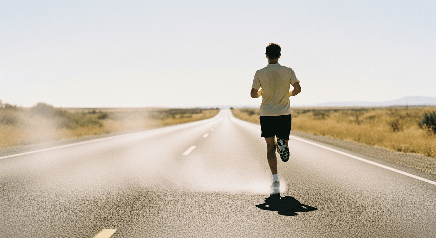 A runner seen from behind mid-stride on scorching asphalt under harsh midday sun with visible heat waves.