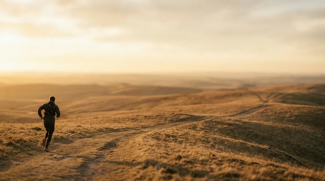 A lone runner in intense focus crosses a vast empty landscape during golden hour light.