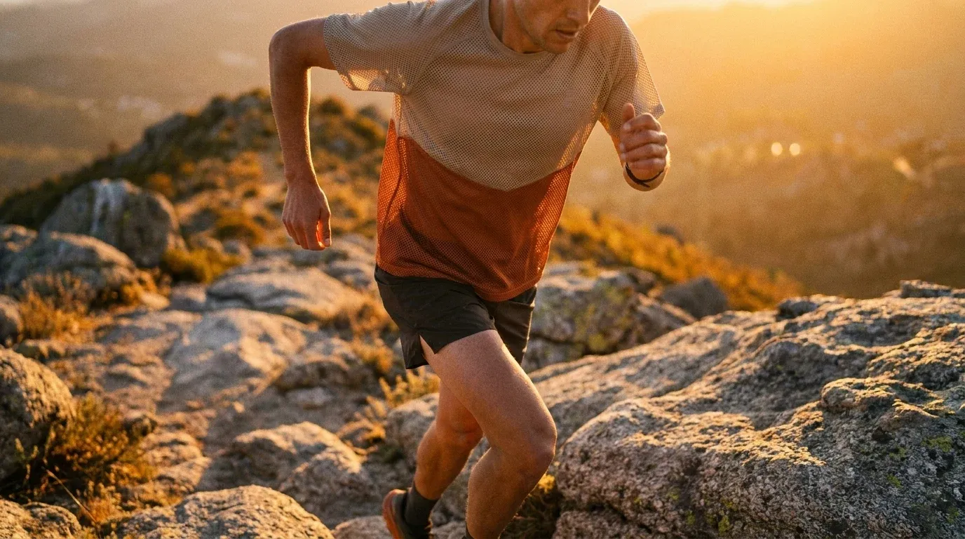Trail runner in dynamic stride on a rocky mountain path wearing lightweight mesh gear, bathed in golden hour light.