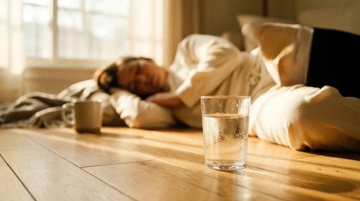 Person resting on a wooden floor with a glass of water in sharp focus during soft morning daylight.