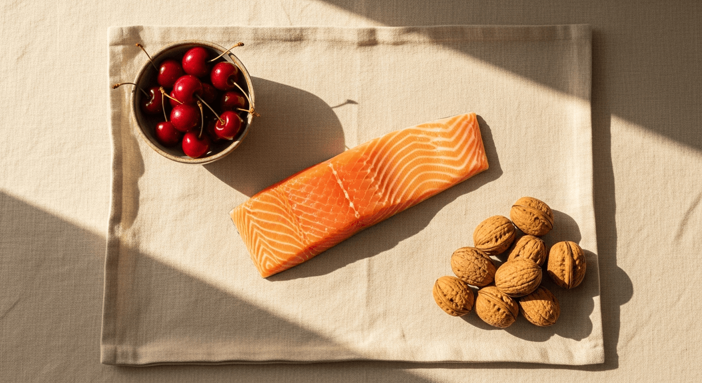 Salmon fillet with tart cherries and walnuts arranged on cream linen for post-workout recovery.
