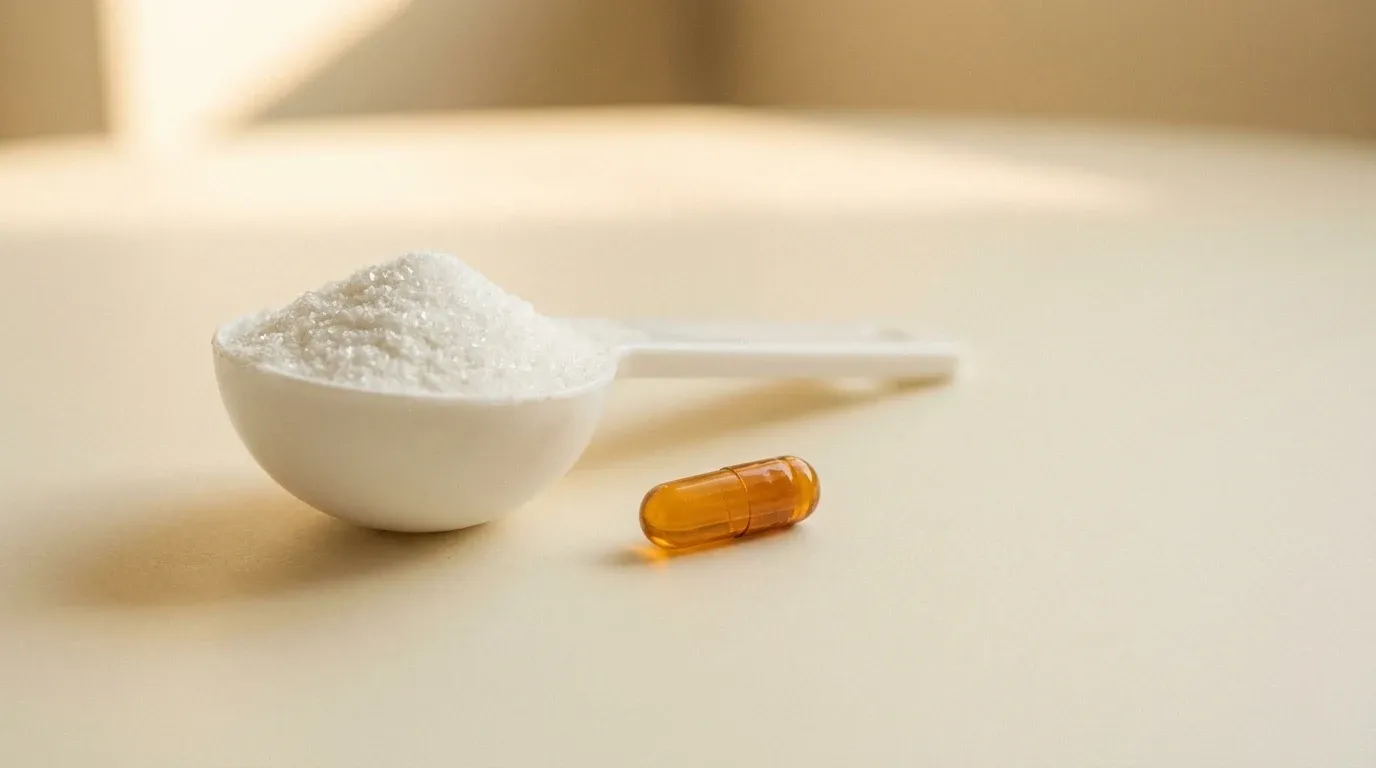 A measuring scoop of white creatine powder and a capsule on a warm cream surface in soft golden light.