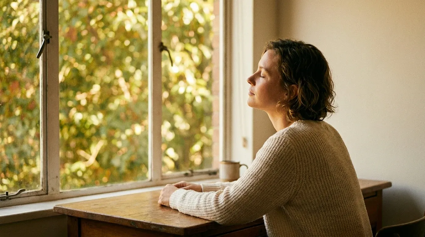 A person seated at a desk by a window, bathed in warm golden light and soft green reflections from nature outside.