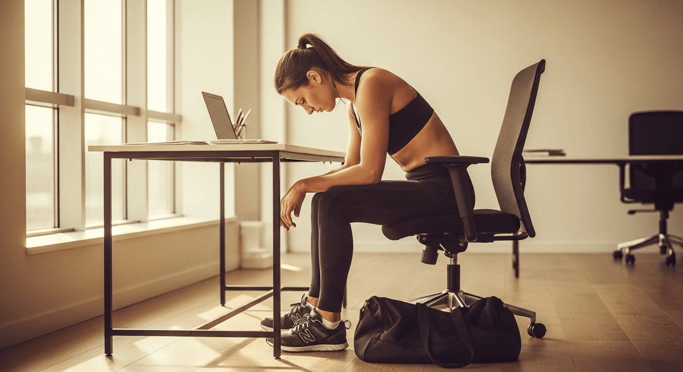 Athletic woman in gym clothes sitting slumped at desk, illustrating the contrast between exercise and sedentary behavior.