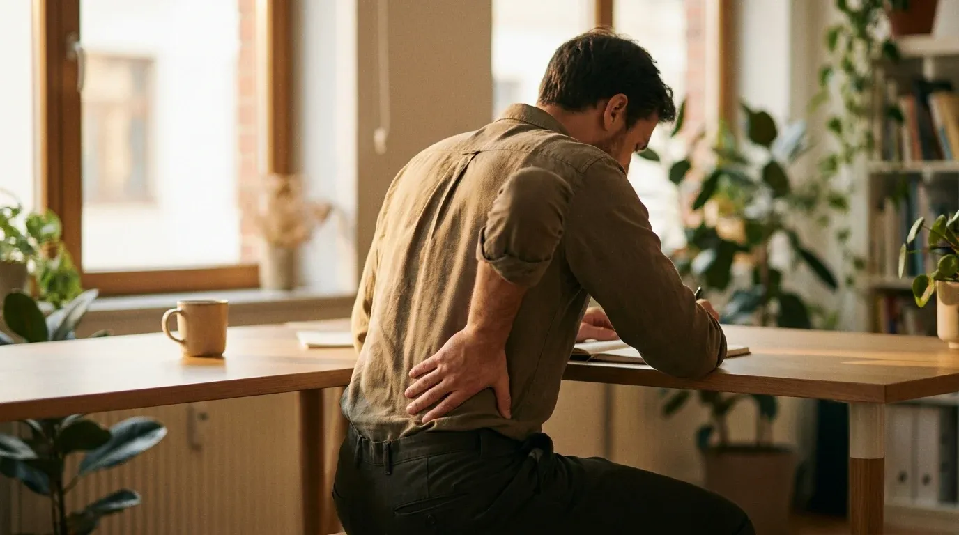 Office worker seated at desk holding lower back, illustrating workplace back pain and physical strain.