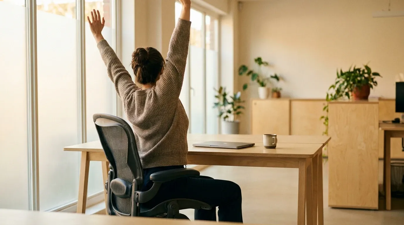 Person standing and stretching up from an office chair at a minimalist desk with natural window light.