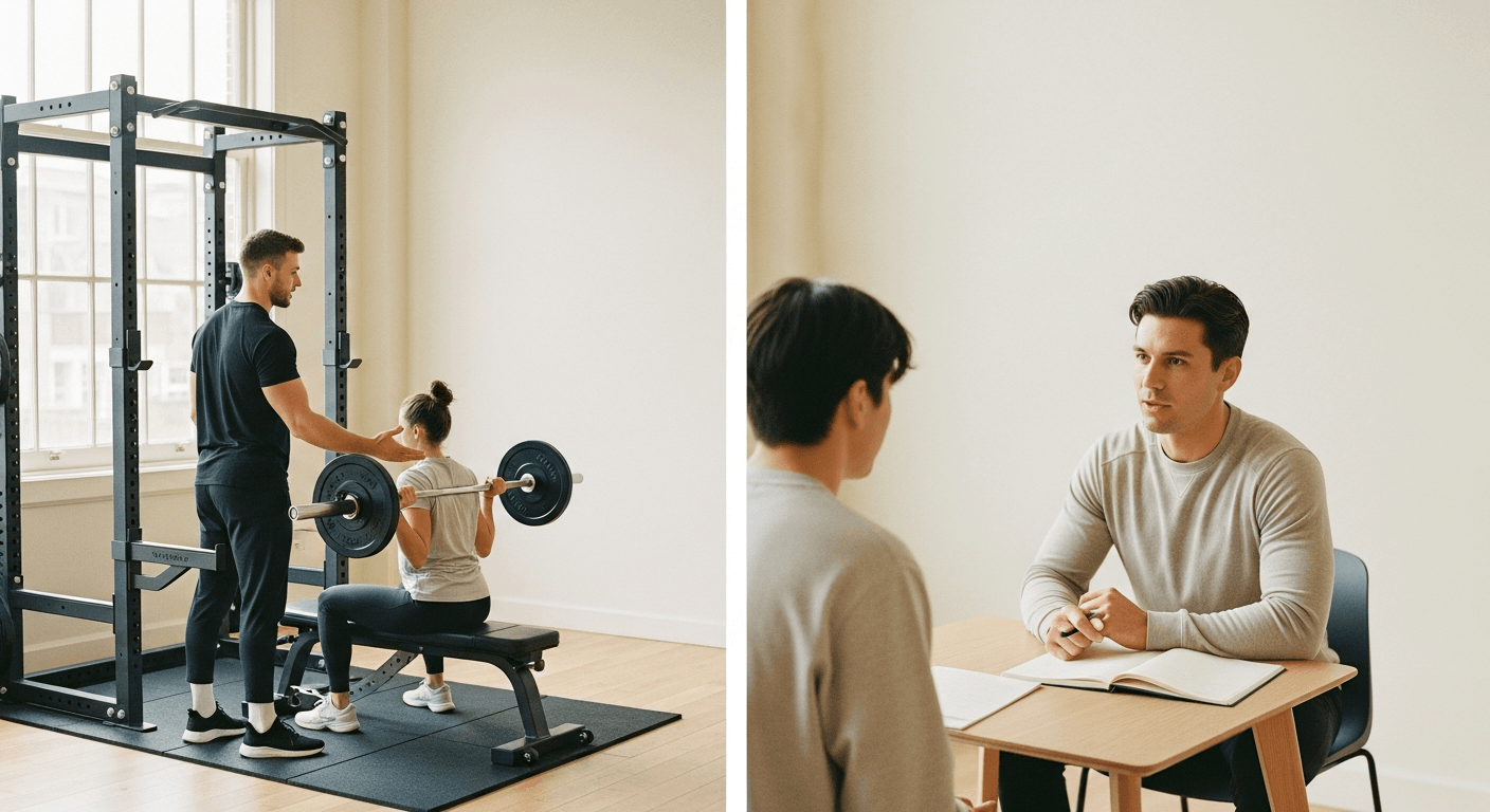 Split-screen showing a personal trainer guiding a client with a barbell and a coach in conversation with a client at a table.