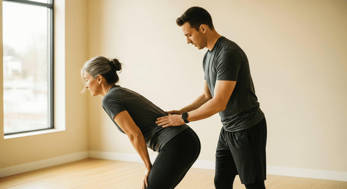 A coach guides a woman in her 40s through a hip hinge exercise in a bright, minimal gym with warm natural light.
