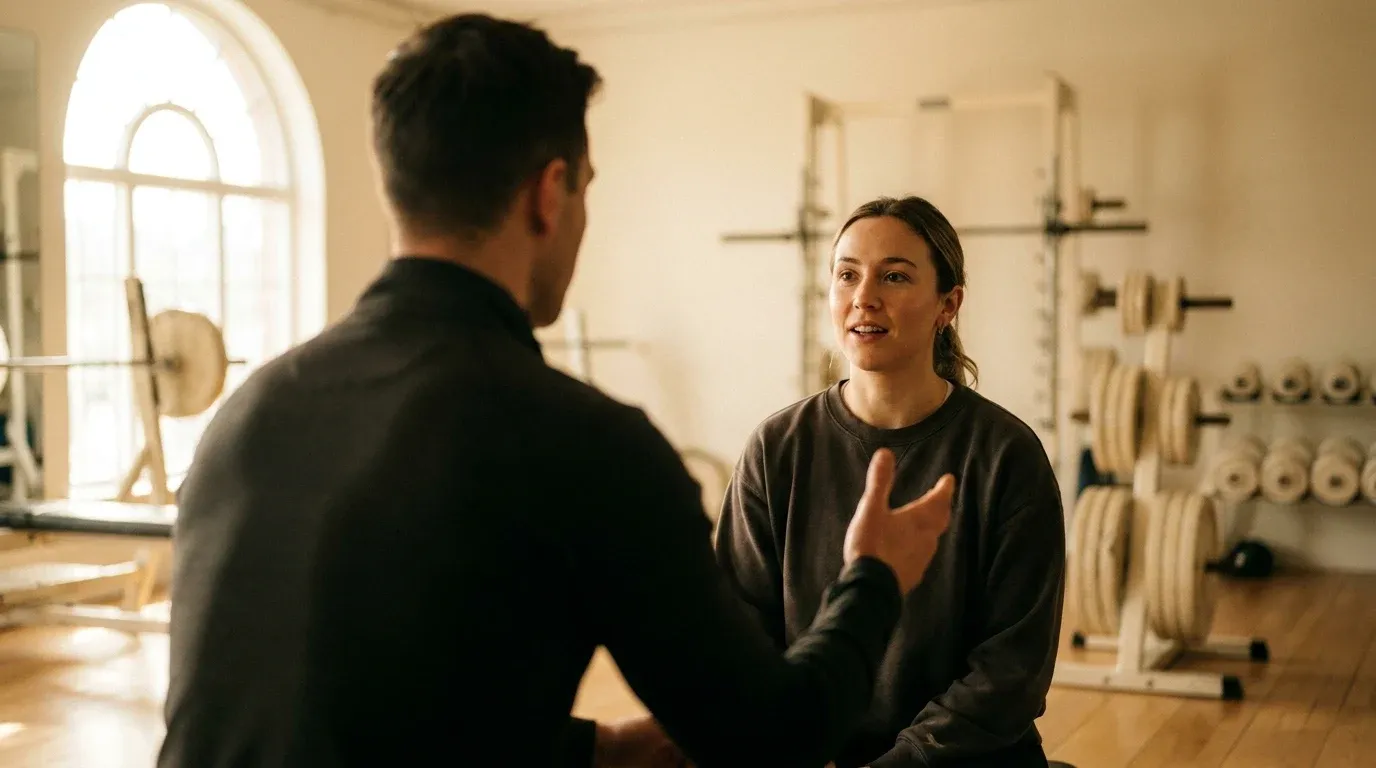 A personal trainer and client face each other in conversation by a sunlit gym window in warm golden light.