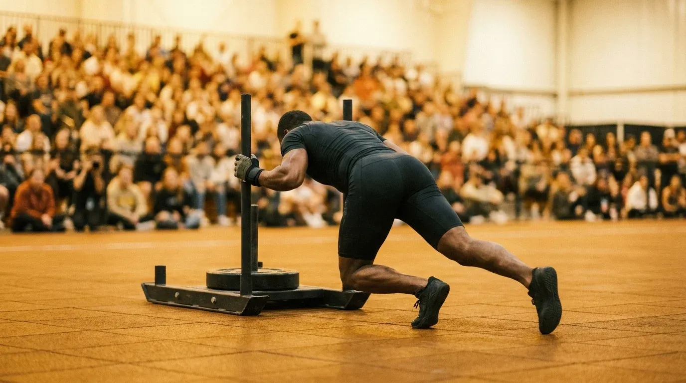 Athlete pushing a competition sled low across an arena floor with blurred crowd in warm golden arena lighting.