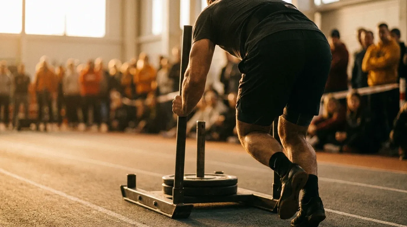 Athlete powerfully pushing a competition sled on an indoor arena track with muscular effort and focus.