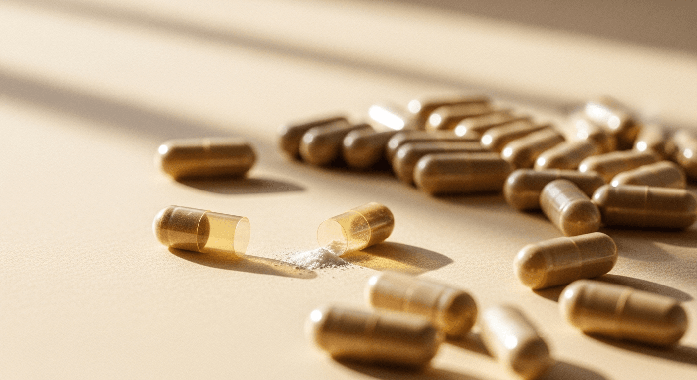 Translucent amber supplement capsules scattered on a cream surface with one cracked open.