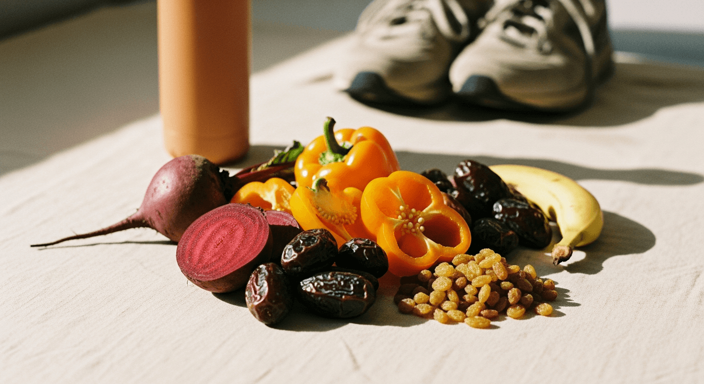 Fresh fruits and vegetables arranged on cream linen with blurred running shoes in the background.