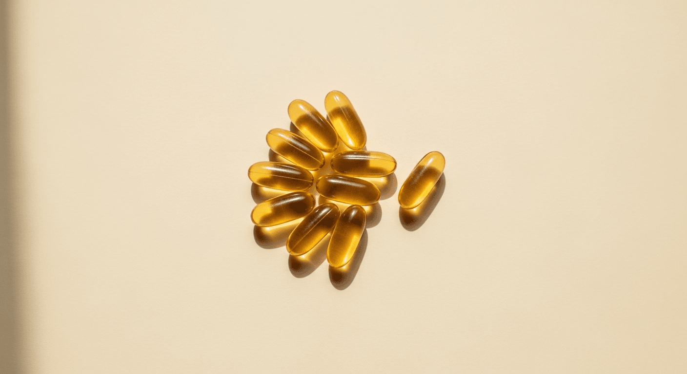 Overhead macro shot of translucent amber supplement capsules with one isolated, emphasizing scrutiny.