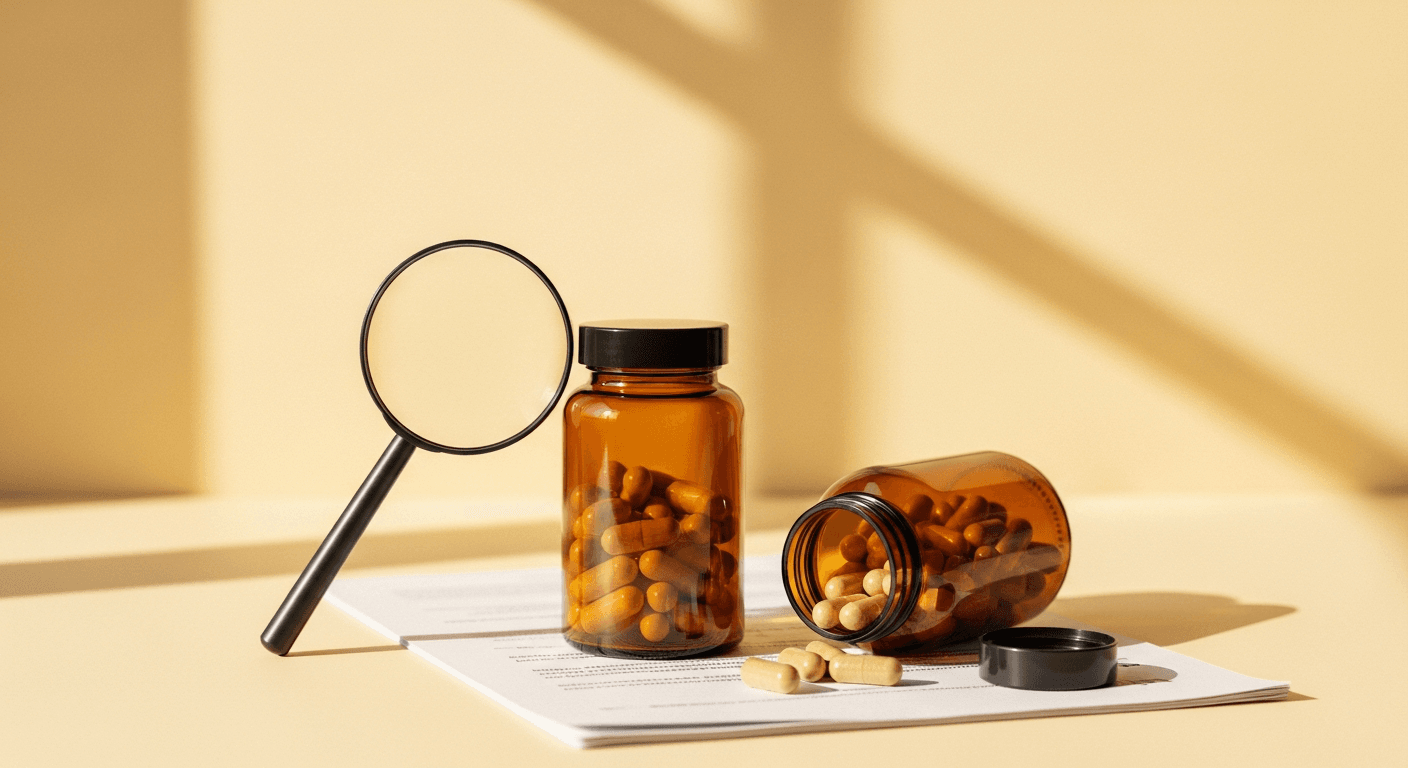 Two amber supplement bottles with capsules, magnifying glass, and official document on cream surface.