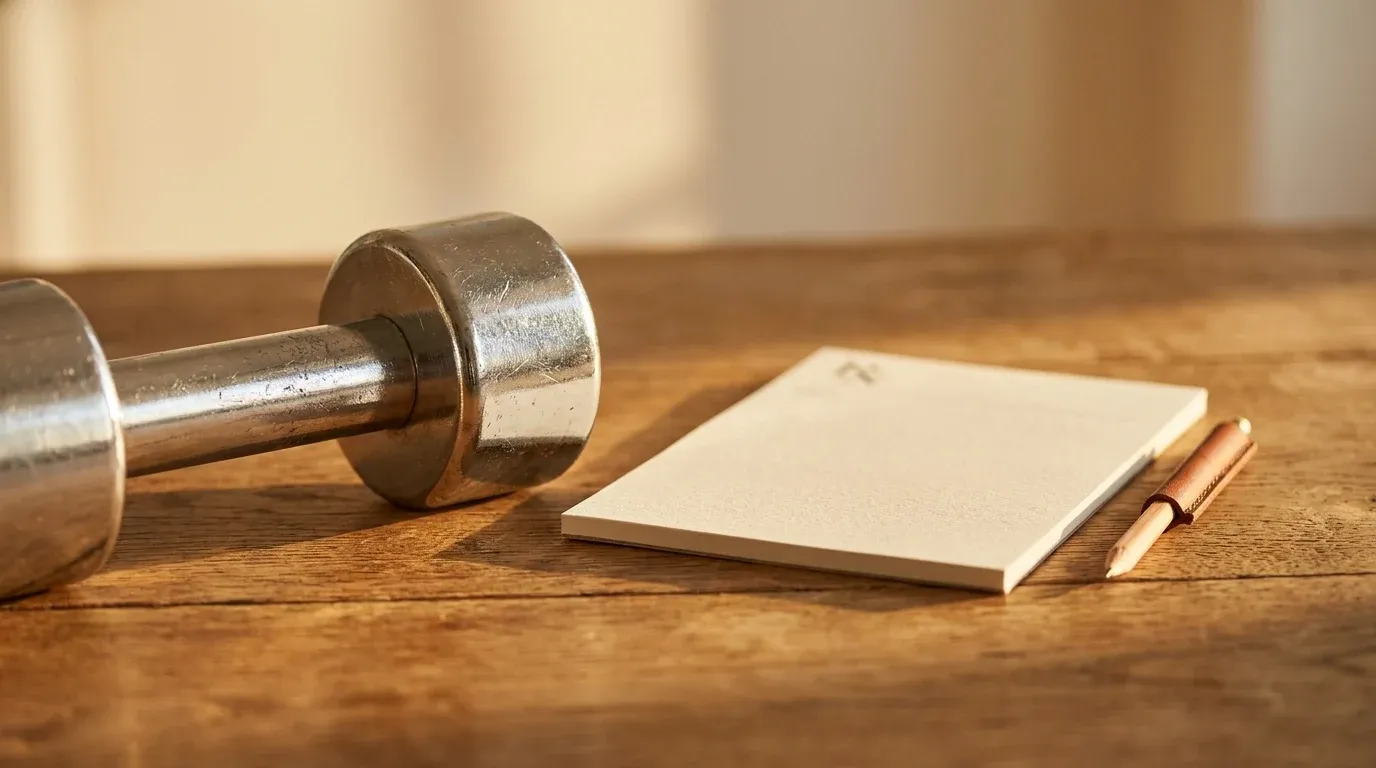 A chrome dumbbell and prescription notepad rest together on warm oak under golden daylight.