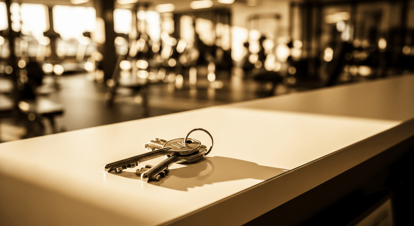 Metal keys resting on a gym reception desk with blurred fitness equipment in warm golden light.