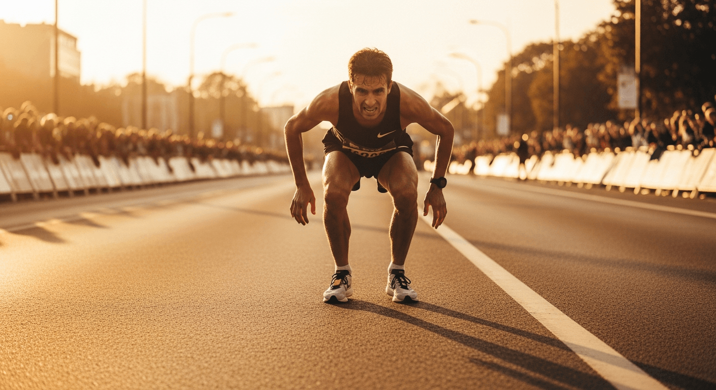 Exhausted runner at mile 20 of a marathon, hunched forward with grimace showing the wall.