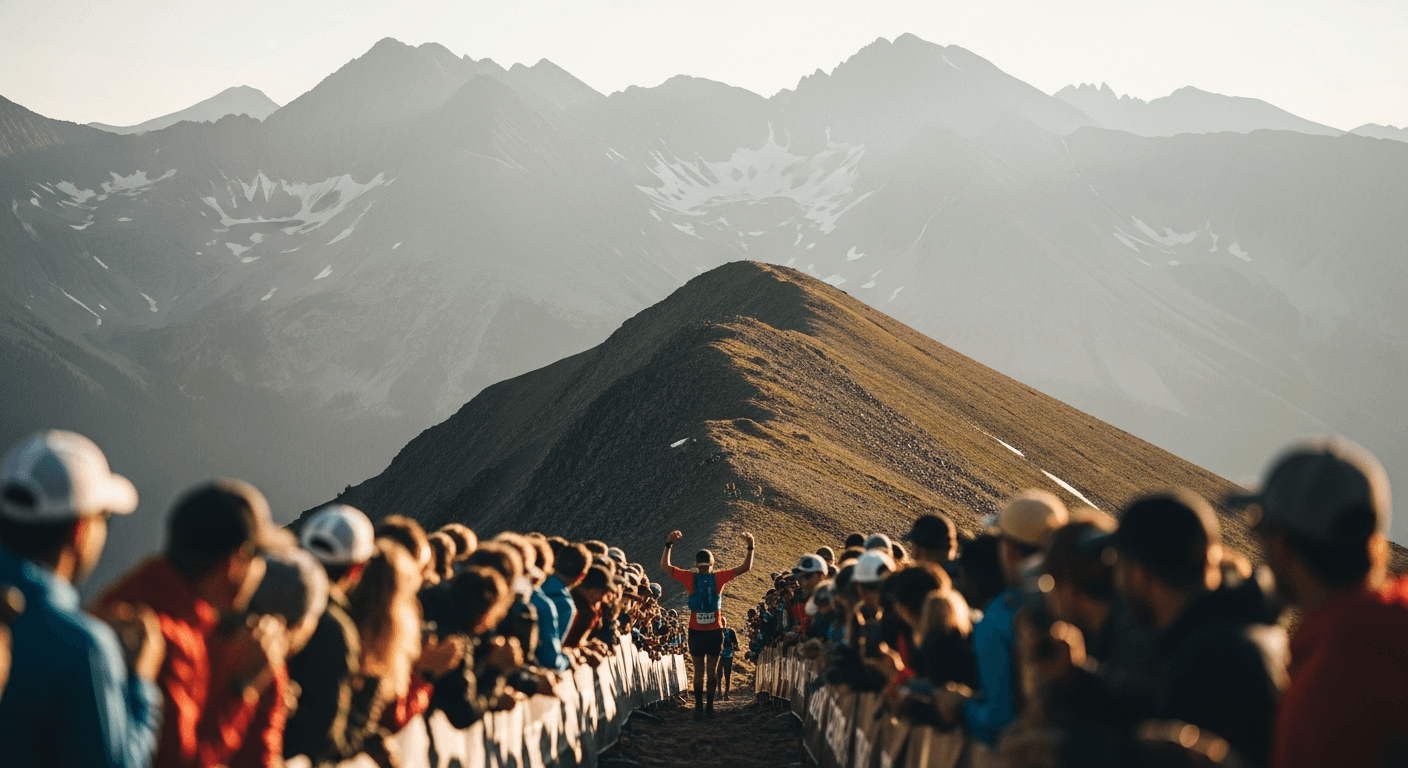 Trail runner raises arms in victory atop a dramatic San Juan Mountains ridgeline at sunset.