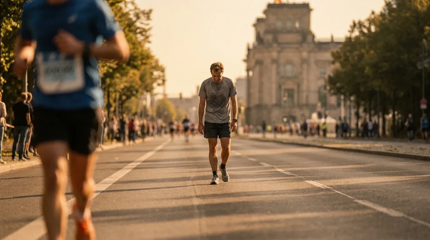 A fatigued marathon runner falters on an urban boulevard as another runner pulls ahead.