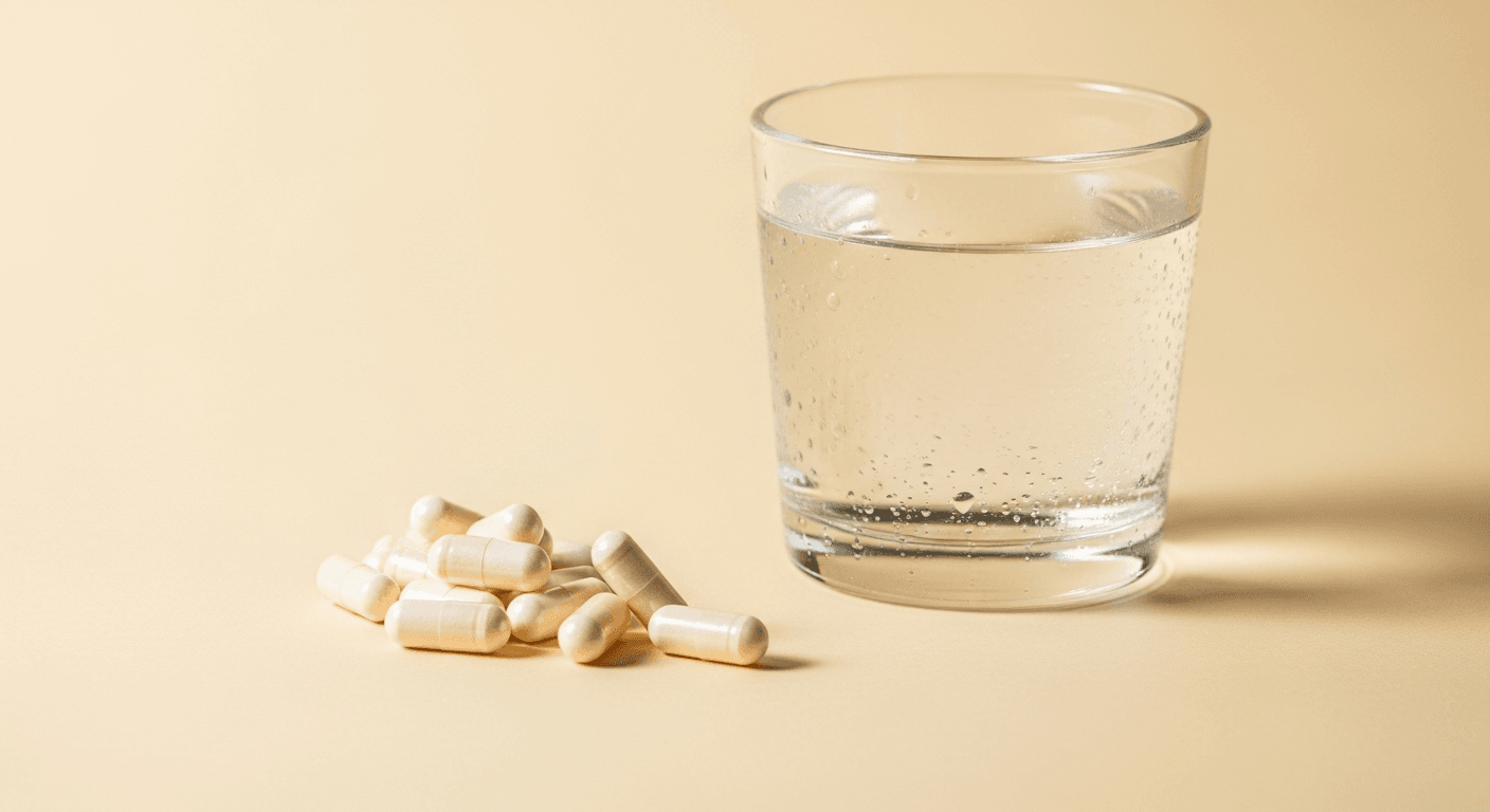 White MSM capsules beside a glass of water on a warm cream surface in soft golden light.