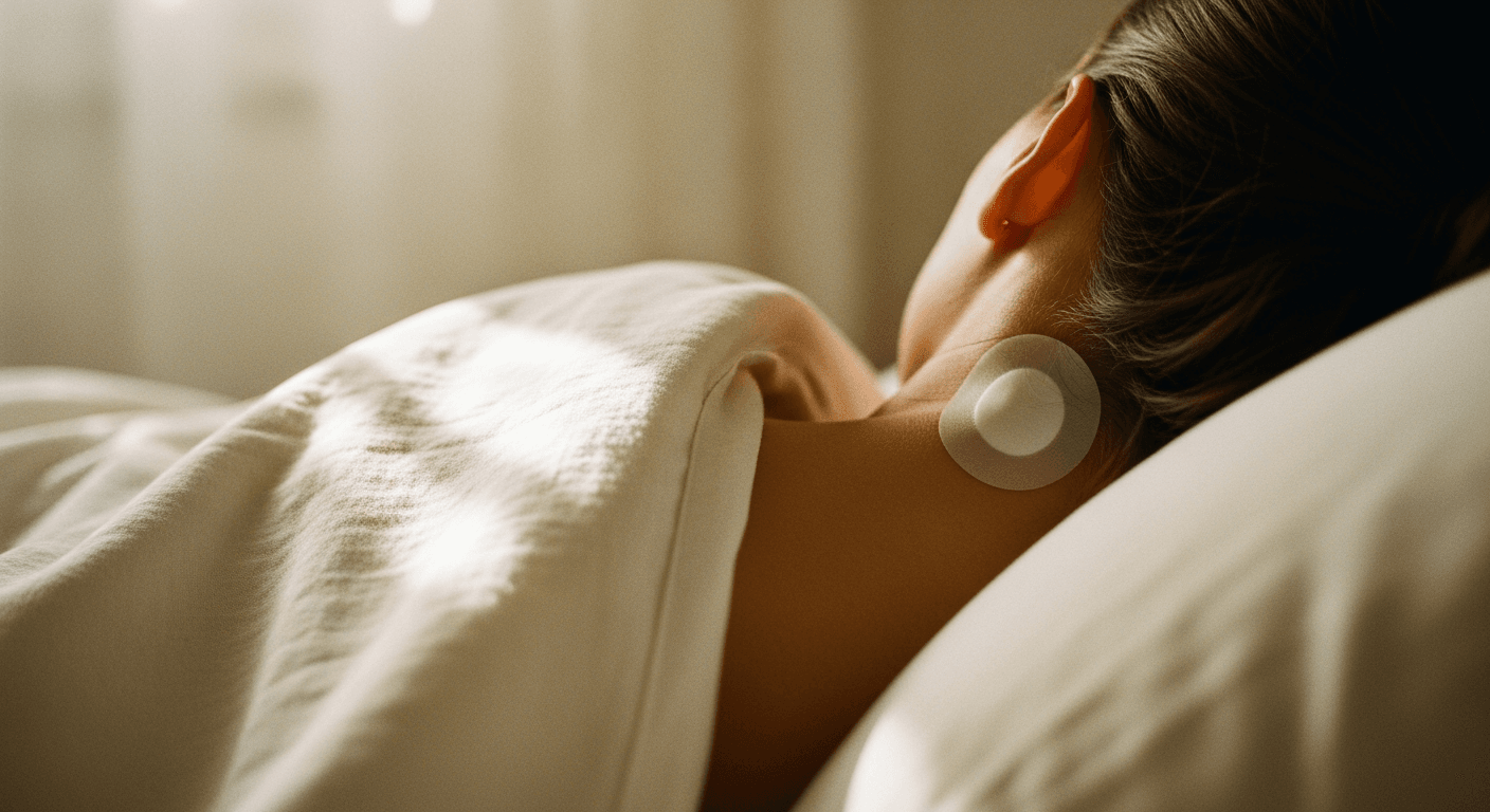 A flexible white patch applied to the neck of a sleeping person on warm cream-colored bedding.