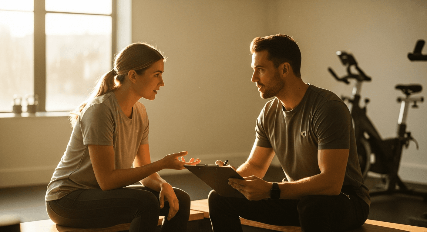 A fitness coach and client have a consultation conversation seated on a gym bench in warm natural light.