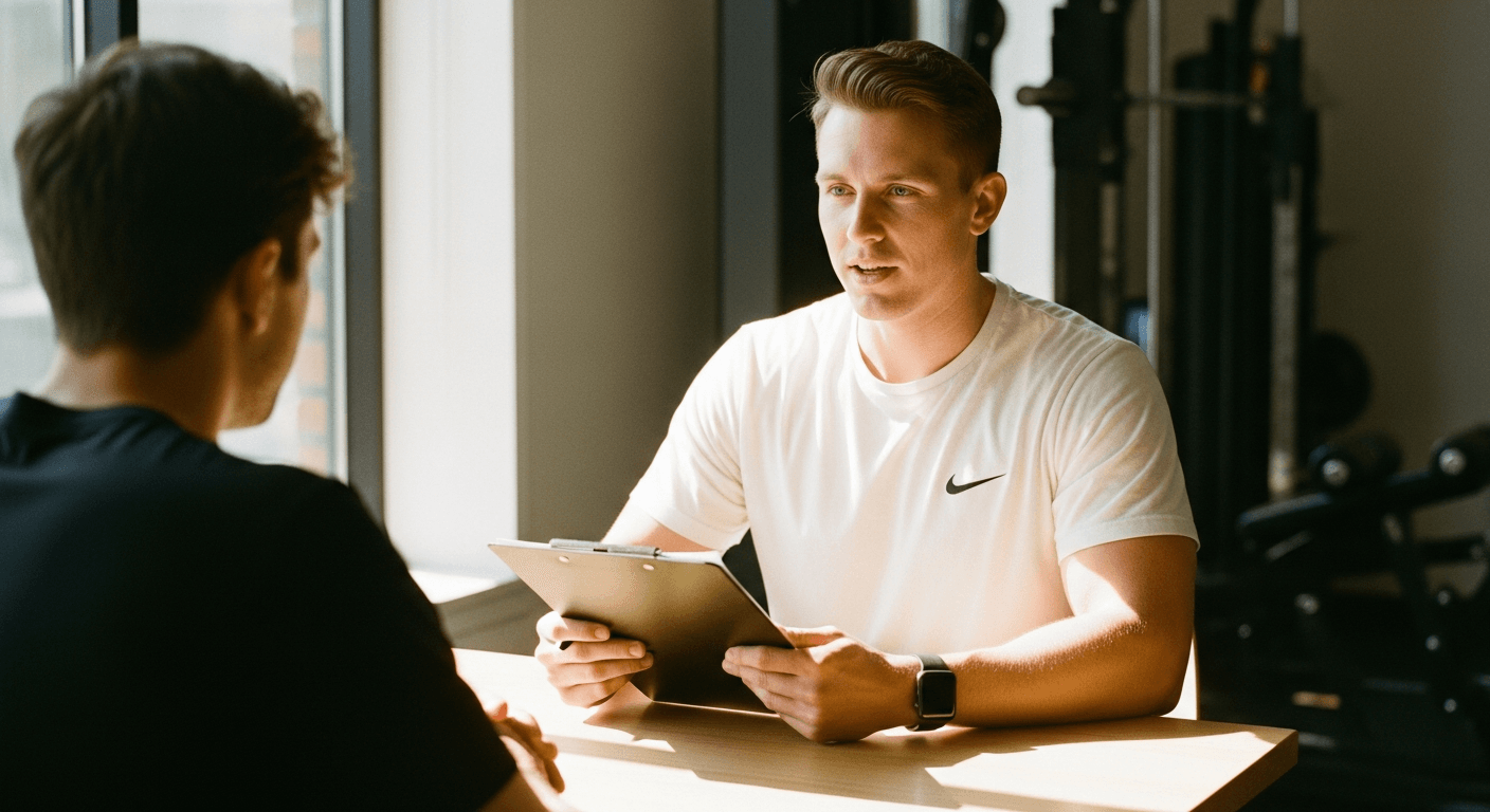 A coach listens attentively to a prospective client across a wooden table in warm natural light.