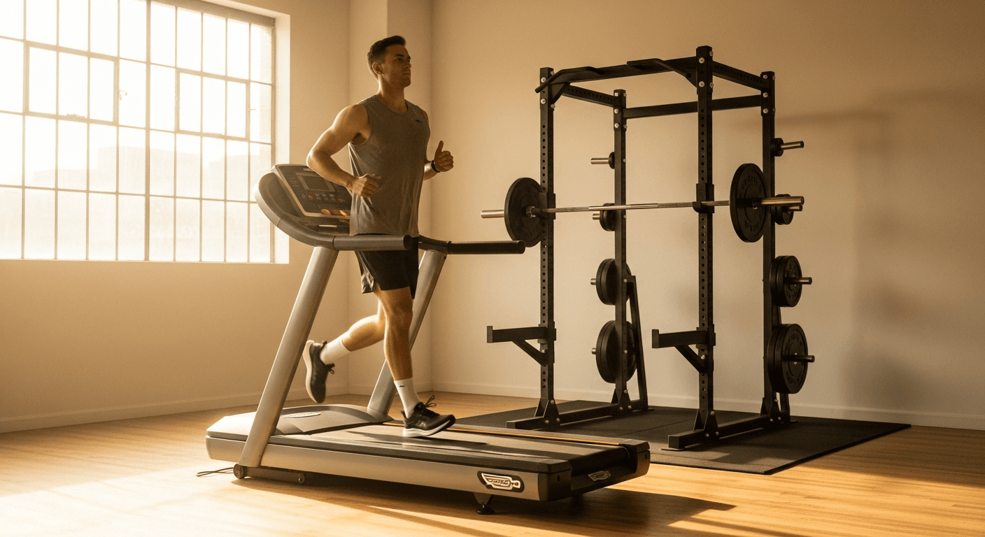 Male athlete running on treadmill with loaded barbell power rack visible behind in warm-lit gym.