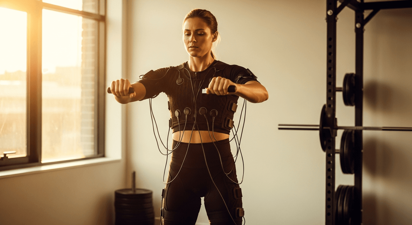 Person wearing black EMS electrode suit during workout in modern gym studio with warm golden light.