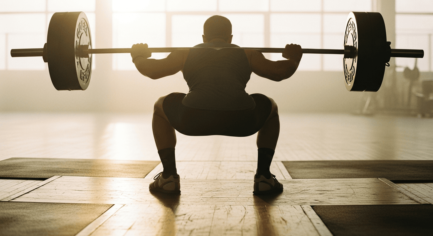 Person performing a deep barbell back squat viewed from behind in a warm-lit gym with wooden flooring.