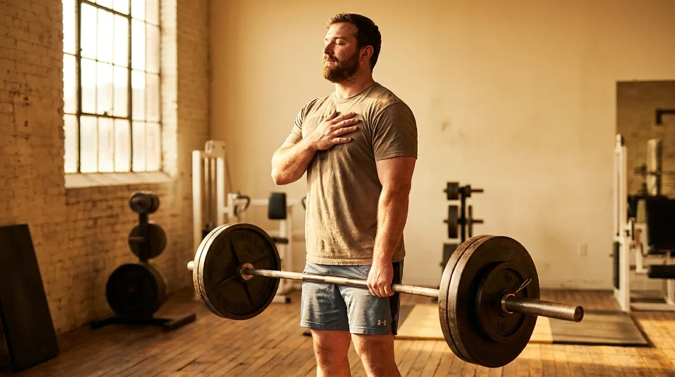 A male weightlifter completes a deadlift with his hand on his chest, bathed in warm golden light.